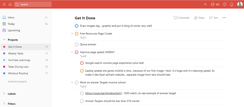 Todoist Homepage Projects