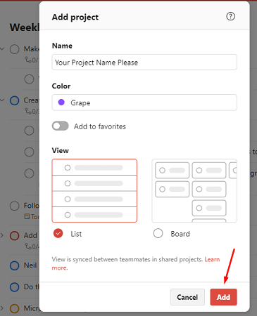 create a new project in todoist