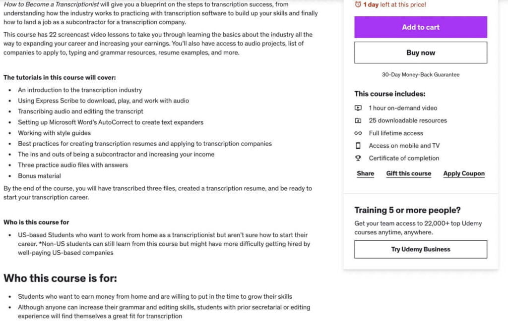 How to Become a Transcriptionist course details by Udemy