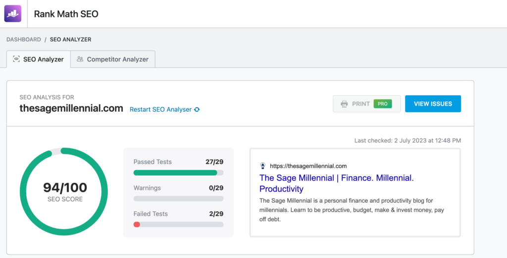 The Sage Millennial Rank Math SEO Analyzer